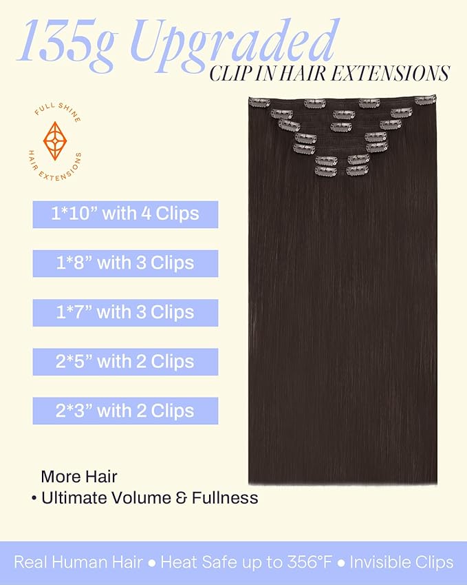 Full Shine Dark Brown Hair Extensions Clip ins Real Hair Clip in Extensions Invisible Clip in Hair Extensions for Women Brown Thick Human Hair Extra Volume 18 Inch 7 Pcs 135 G