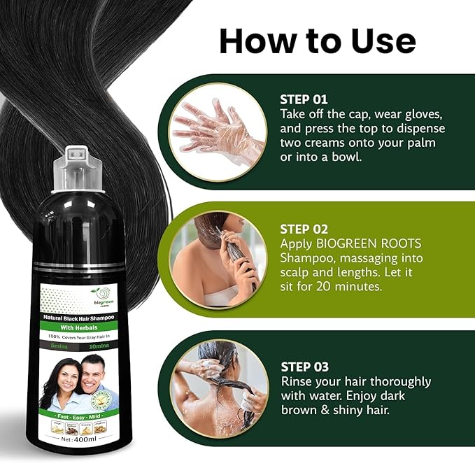 Ammonia-Free & Paraben Free Herbal Hair Shampoo - Hair Dye Shampoo for Women & Men - Natural Color & Herbal Nourishment - No Stain on Skin - Natural Black (400 ml)