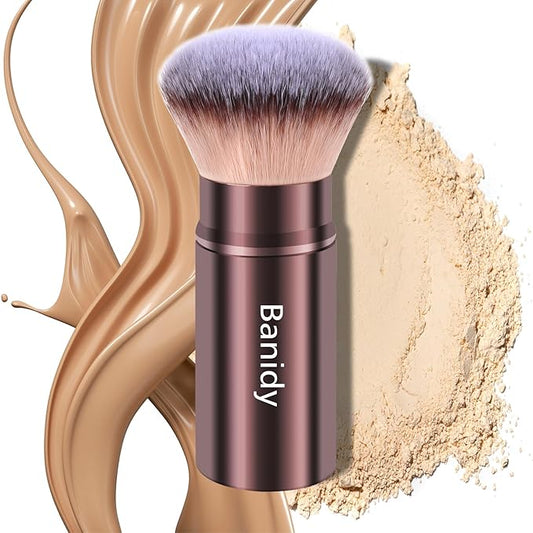 Makeup Brush Kabuki Face Brushes Retractable Travel Blush Brush Portable Flawless for Foundation, Powder Blush, Bronzer, Buffing, Liquid, Cream, Cruelty Free with Cover(Round-Head)