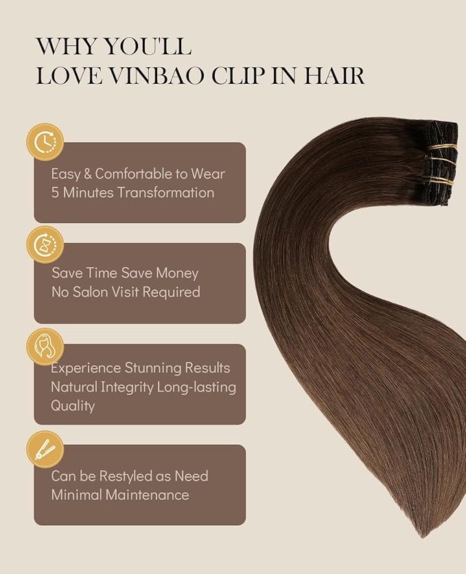 VINBAO Brown Clip in Human Hair Extensions Real Human Hair Extensions Clip in Hair Silky Straight 6pcs 120g 22inch #4 Medium Brown Hair Extensions Double Weft (#4, 22'')