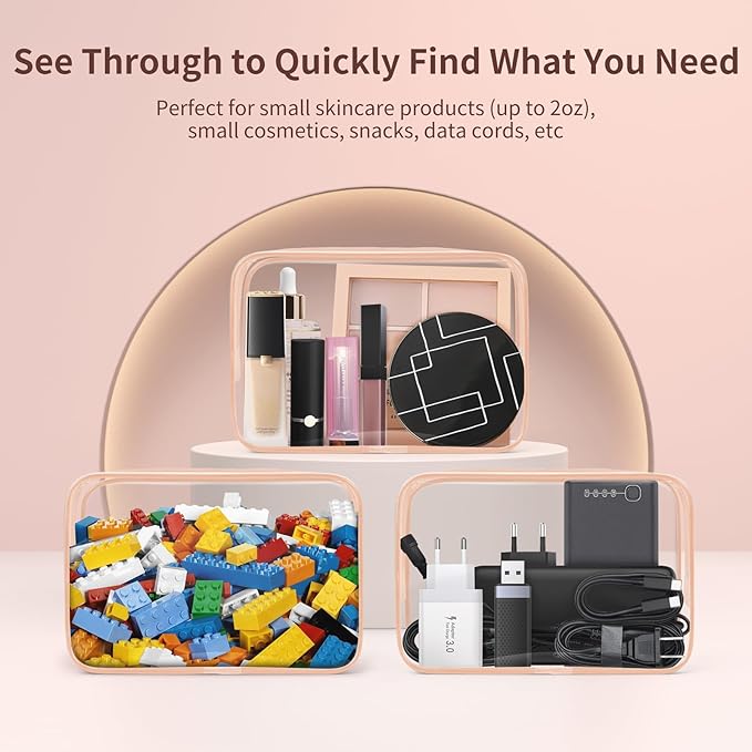 TISRATOK 12 PCS Clear Makeup Bag for Women with Zipper, TSA Approved Toiletry Pouch, Cosmetic Bag Bulk for Travel Organizer Essentials - Orange-pink, Medium