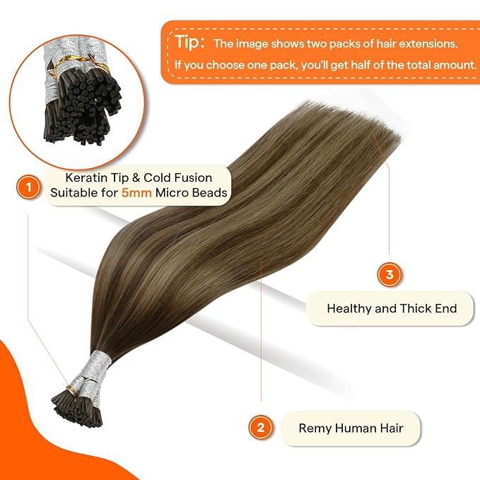 Full Shine I Tip Hair Extensions Human Hair 16 Inch 40 Grams Color 4/24/4 Middle Brown Ombre to Honey Blonde Fusion Hair Extensions Straight Remy Hair for Women