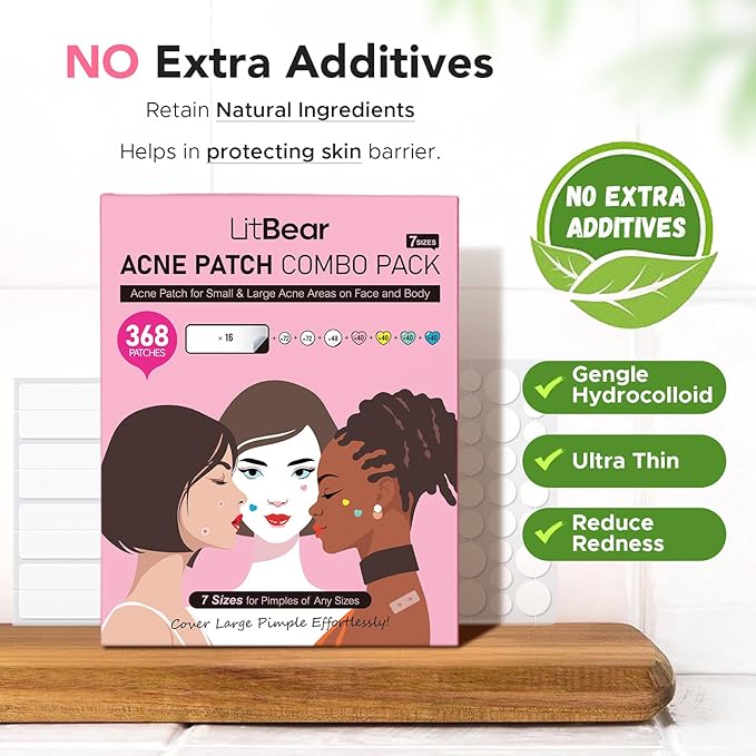 LitBear 3 IN 1 Pimple Patches for Face, 7 Sizes 368 Counts Acne Patches, Hydrocolloid Patches for Covering Zits and Blemishes, Cute Zit Patches for Breakouts, Colorful Spot Stickers for All Skin Types