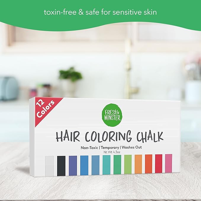 Fresh Monster Temporary Hair Coloring Chalk 12 Bright Colors Washes Out Easily Girls and Boys Non-Toxic and Safe for All Ages, Hair Colors and Textures Great Gift Idea