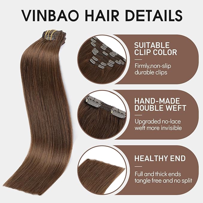 VINBAO Clip in Human Hair Extensions Chocolate Brown Real Human Hair Clip in Hair Extensions For Women 16in 7pcs 140g Dark Brown Full Head Double Weft (#HC4,16'')