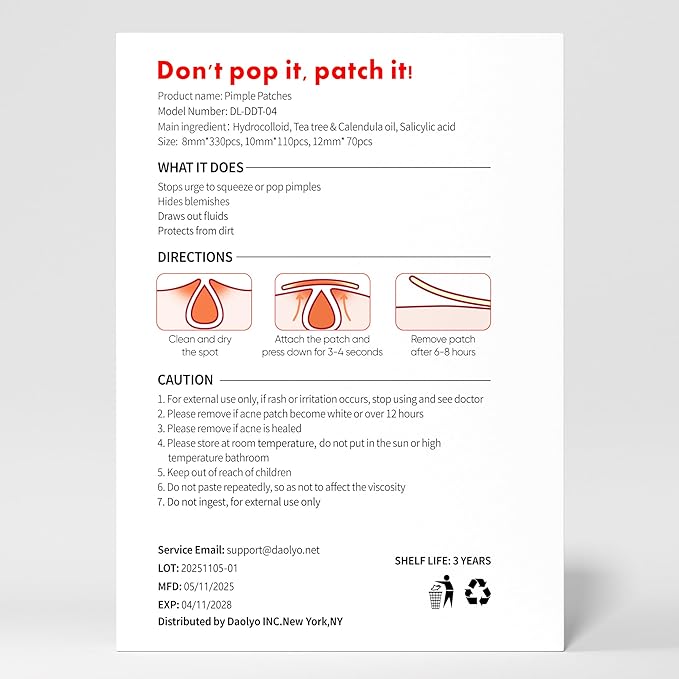 Pimple Patches for Face - 3 Size 510 Counts Hydrocolloid Acne Patches for Covering Zits and Blemishes, Spot Stickers with Salicylic Acid, Tea Tree Oil & Calendula Oil(8mm,10mm,12mm)