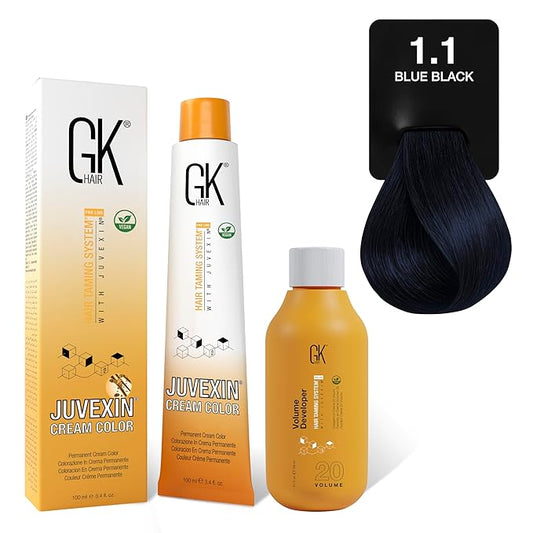 GK HAIR Global Keratin 1.1 Ash Black Hair Color Cream Tube (3.4 Fl Oz/100ml) + 20 Volume Developer (5 Fl Oz/150ml) - Professional Permanent Long Lasting Toner Dye