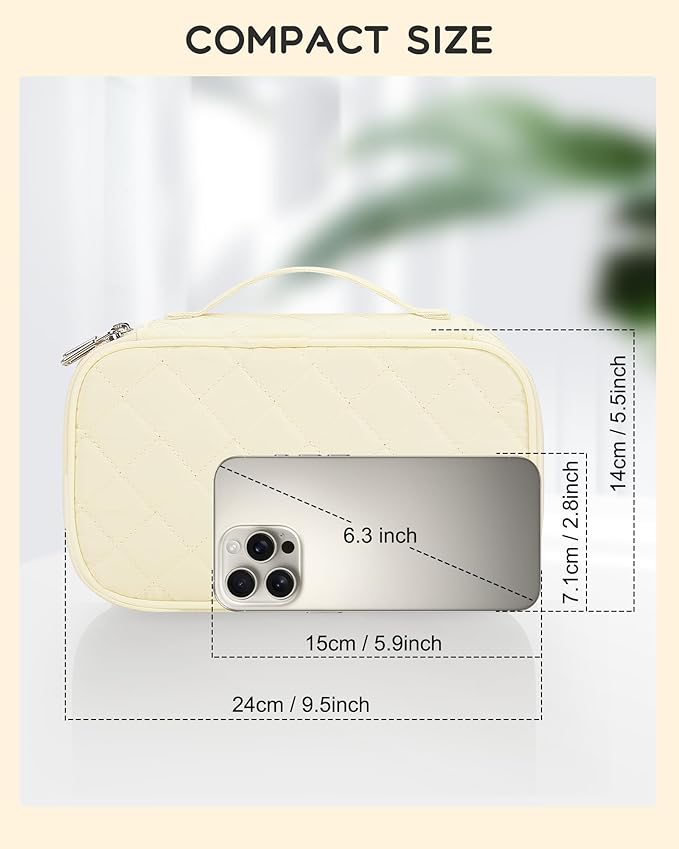 Relavel Travel Makeup Bag, Small Cosmetic Bag with Makeup Brush Compartment, Double Layer Makeup Organizer Bag, Portable Toiletry Bag Makeup Pouch for Women, White
