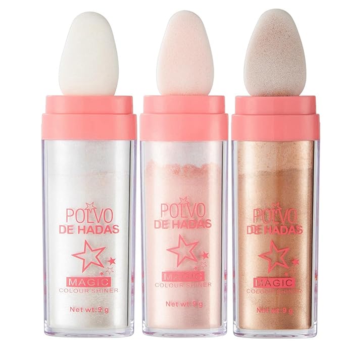 URQT 3 Color Polvo De Hadas Fairy Dust Highlight Patting Powder - Full Body Contouring and Clavicle Pearlescent Patting Powder for Face and Eye, Halloween Sparkling Body Glitter Powder (Trio)