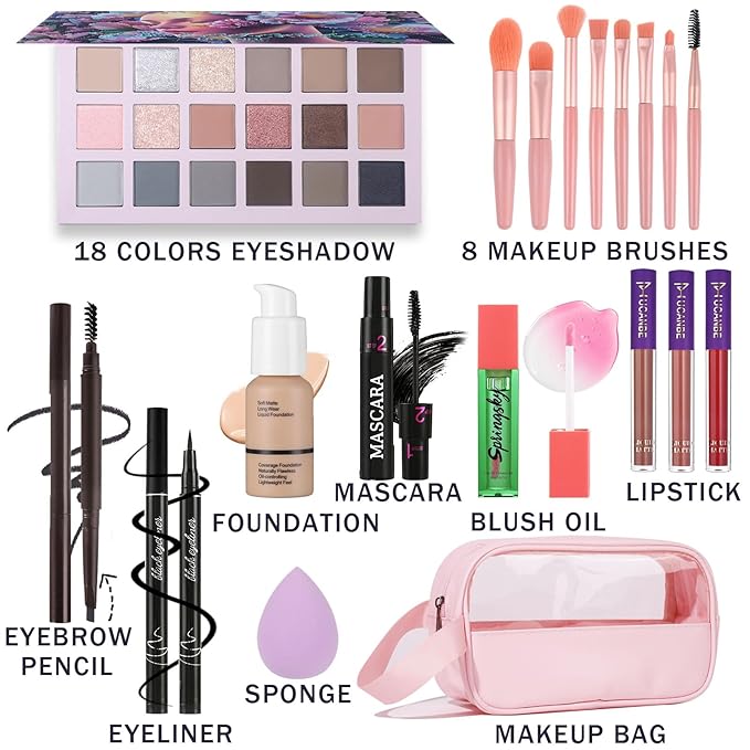 Full Makeup Kit for Women - 18 Eyeshadows, 3 Lipsticks, Blush Oil, Mascara, Eyeliner, Eyebrow Pencil, Foundation, Sponge, Makeup Bag & 8pcs Brushes