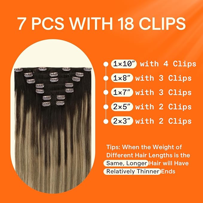 Full Shine Hair Extensions Clip ins Long Ombre Dark Brown to Light Brown Highlights Caramel Blonde Natural Hair Extensions Human Hair 120 G 7 Pcs