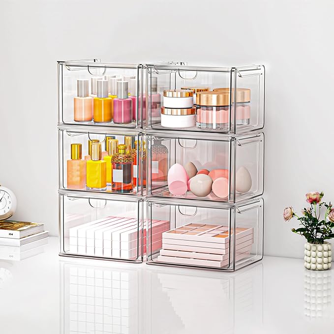 Stackable Stroage Drawers, Acrylic Makeup Organizer, Plastic Storage Bins For Vanity, Undersink, Kitchen Cabinets, Pantry, Home Organization – Clear