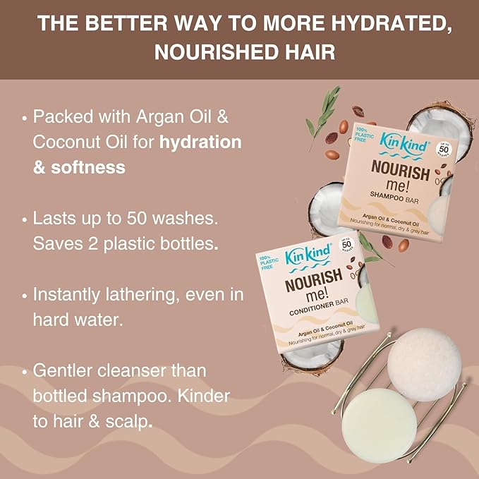 KinKind NOURISH Me! Solid Shampoo Bar - Normal, Dry & Grey Hair | Coconut & Argan Oil | Travel Shampoo Bar for Hair | Up to 50 Washes - Vegan
