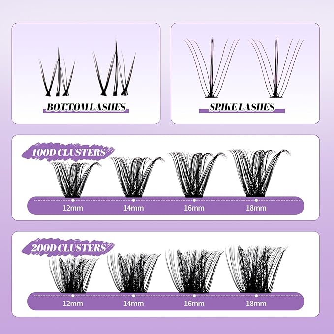 DIY Lash Extension Kit 100D/200D Lash Clusters With Bottom Lashes 12-18mm Multi-types Individual Lashes Bond and Seal, Spike, Volume Lashes Kit Lash Applicator(100/200 Kit)