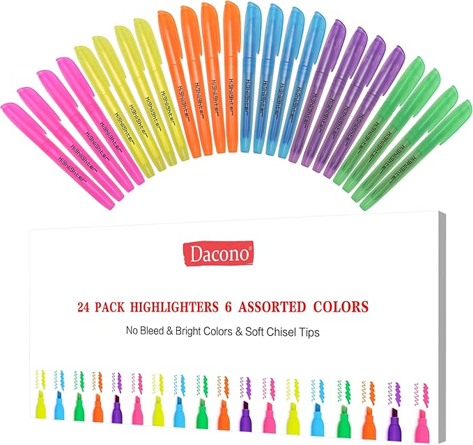 Highlighters, Chisel Tip, Highlighters Assorted Colors, Bible Highlighter No-Bleed, Quick-Drying Ink Highlighter for School, Teacher Students, Office, Classroom Must Have, 24 Pack