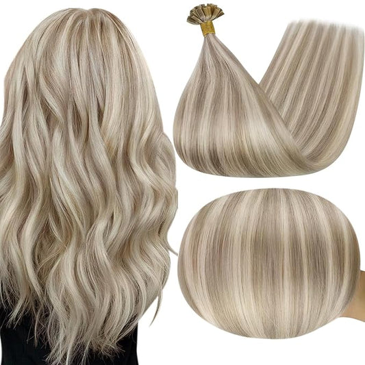 Full Shine U Tip Hair Extensions Human Hair 22 Inch 50 Grams Ash Blonde Highlighed Bleach Blonde K Tip Hair Extensions Real Human Hair Long Straight Remy Hair add Length