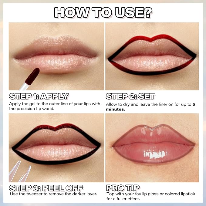 Cilrofelr Peel Off Lip Liner Stain, Long Wear Tattoo Lip Liner with Tweezer, Peel Off Lip Stain with Matte Finish, Long Lasting, Waterproof, Transfer-proof, Highly Pigmented Color (Cocoa)