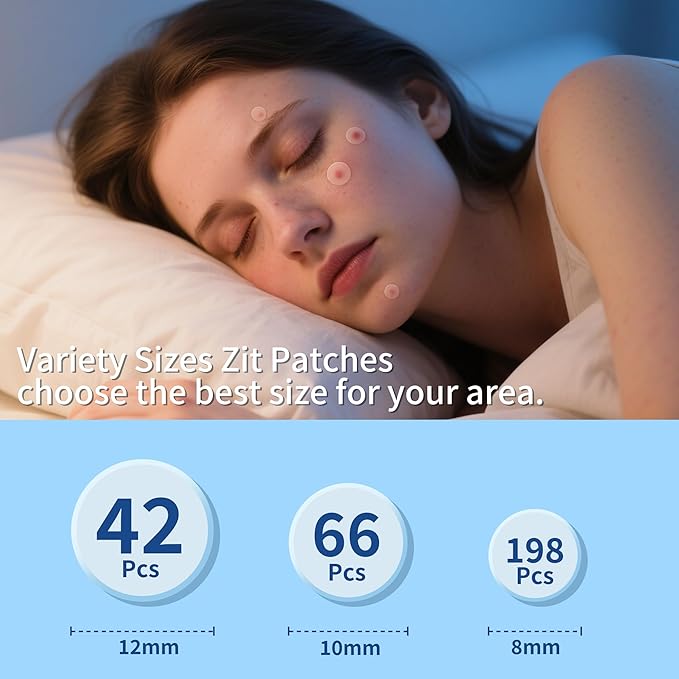Pimple Patches for Face, 3 Size 306 Counts Acne Patches with Hydrocolloid and Tea Tree Oil, Salicylic Acid Cica Extract Healing Stickers Zit Patches (8mm/10mm/12mm)