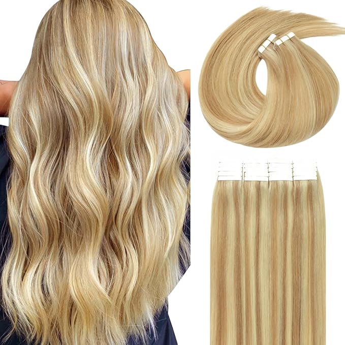 Lacer Seamless Tape in Hair Extensions Human Hair Golden Blonde to Platinum Blonde Seamless Straight 22 Inch Hair Extensions Tape in 100G 40Pcs