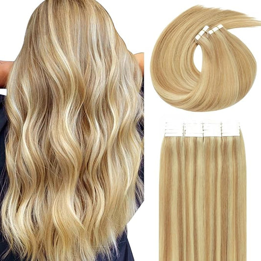 Lacer Seamless Tape in Hair Extensions Human Hair Golden Blonde to Platinum Blonde Seamless Straight 22 Inch Hair Extensions Tape in 100G 40Pcs