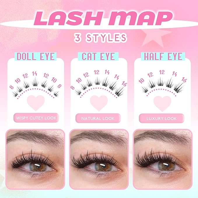 Lash Clusters Anime Spiky Eyelash Extensions Triple Spikes Doll Manga Lash Clusters 8-16MM C Curl 144Pcs Cosplay Doe Eyed Individual Lashes for DIY at Home (Lavender)