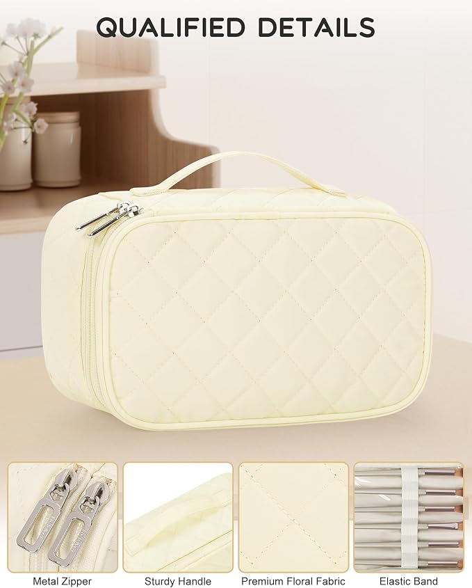 Relavel Travel Makeup Bag, Small Cosmetic Bag with Makeup Brush Compartment, Double Layer Makeup Organizer Bag, Portable Toiletry Bag Makeup Pouch for Women, White