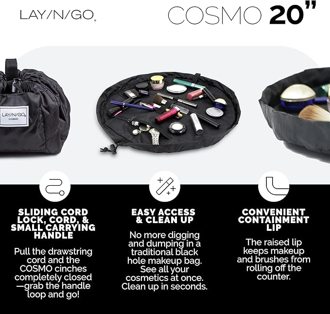Lay-n-Go Cosmo Layflat Drawstring Cosmetic & Makeup Bag Organizer w/Zipper Pocket, Brush Loops & More, Cinch to Close, Lay Flat to Use, Durable, Machine Wash, Travel Toiletry Bag (20", Navy/Green)