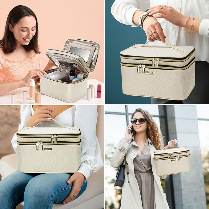 8.8L Double Layer Travel Makeup Bag With Mirror For Women, Large Cosmetic Case, Organizer for Travel-Size Accessories Bottles, Brushes,and Skin Care Products, 2.33 GAL, Beige