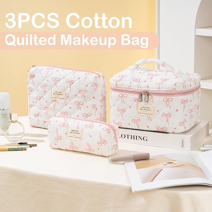 Makeup Bag for Women 3PCS Quilted Cotton Make Up Bag Travel Cosmetic Bag Large Makeup Bag Set Cute Bow Organizer Floral Toiletry Pouch for Purse, Bow B