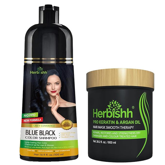 Herbishh Blue Black 3 In 1 Hair Dye Shampoo 16.9 Fl Oz & Argan Oil Mask 28.2 Fl Oz Combo - Champu Para Canas Mujer - Hair Dye Shampoo for Men & Women - Hair Mask For Moisturizer Dry, Damaged Hair