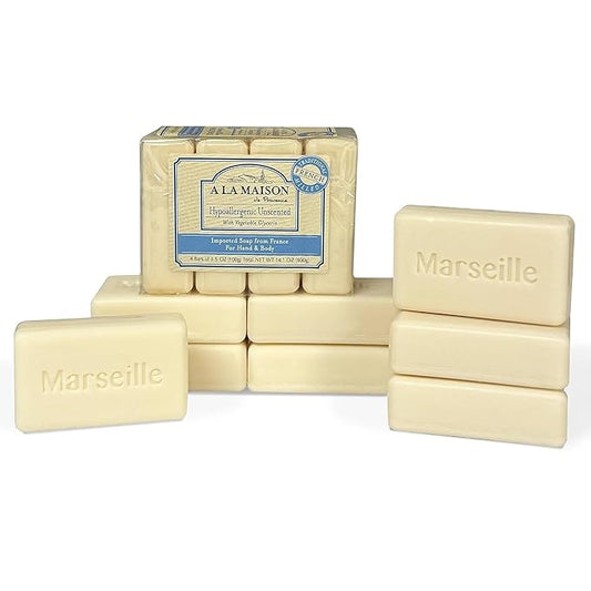 A LA MAISON Hypoallergenic Unscented Bar Soap - Triple French Milled Natural Moisturizing Hand Soap Bar (12 Bars of Soap, 3.5 oz)