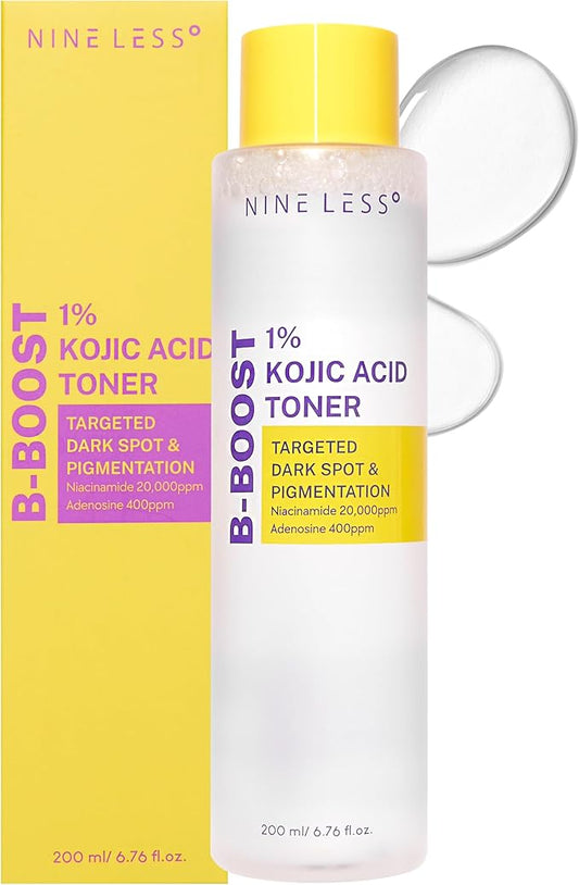 NINELESS B-Boost 1% Kojic Acid Toner with 2% Niacinamide for Dark Spot Correction - Korean Skincare for All Skin Types - Formula with Adenosine & Probiotics - 6.76 fl. oz.