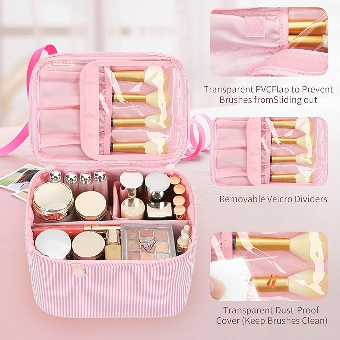 OCHEAL Makeup Bag Large Capacity Travel Make up Pouch for Cosmetics, Vertical Storage with Divider Toiletry Bag for Skincare Organization-Pink
