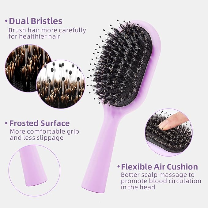 Boar Bristles Hair Brush for Women Men and Kids, Detangling Hair Brush for Smoothing Massage Add Shine, Nylon&Boar Bristles brush for Hair Healthy, Easy to Storage(Purple)
