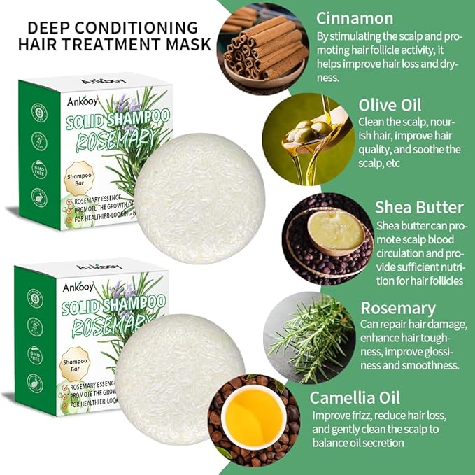 2 Pack Solid Shampoo Bar with Rosemary Oil for Thinning Hair,Natural&Organic Hair Shampoo Soap Bar for Women&Men,Strengthens,Thickens,Controls Oil,Dandruff Solid Soap for Scalp Cleansing&Volume