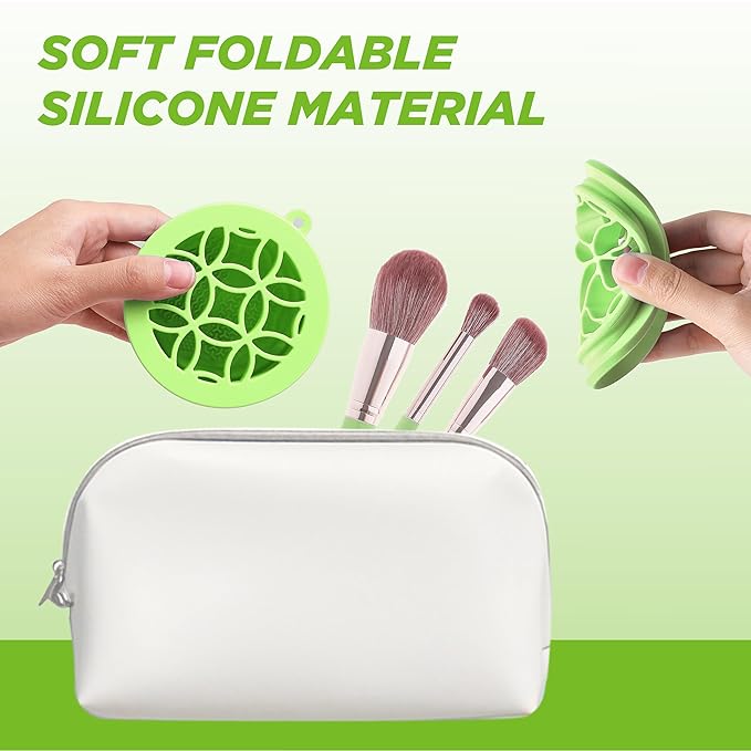 Makeup Brush Cleaner - Foldable Silicone Makeup Brush Cleaner Mat with Brush Storage Holder Makeup Brush Cleaning Bowl Cosmetic Brush Washing Tool for Cleaning Organizer and Drying (Purple and Green)