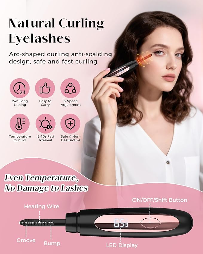 Heated Eyelash Curler for Women, 10s Fast Heating, 3 Heat Settings (113°F-185°F), Rechargeable Electric LASH-Lift Heated Lash Curler, Travel-Friendly Makeup Tool Gift
