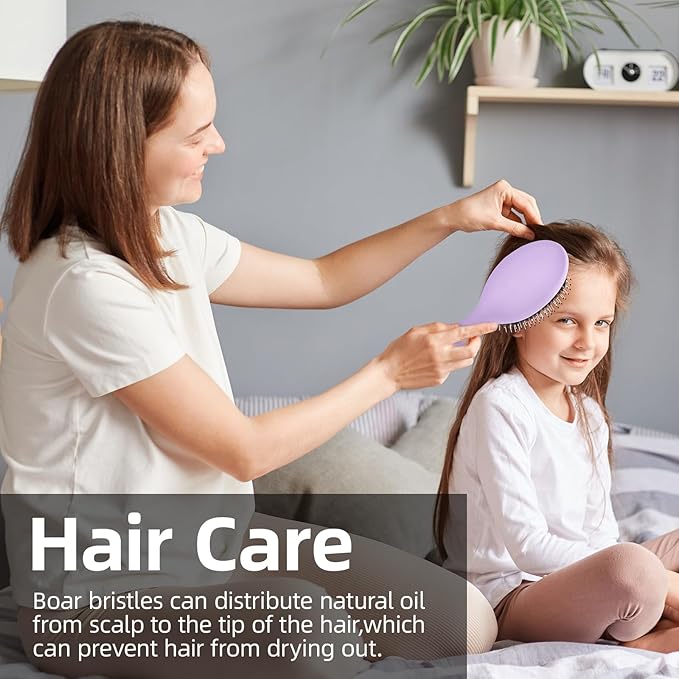 Boar Bristles Hair Brush for Women and Men, Detangling Hair Brush for Smoothing Massage Add Shine, Nylon&Boar Bristles Detangler brush for Hair Healthy (Purple&White)