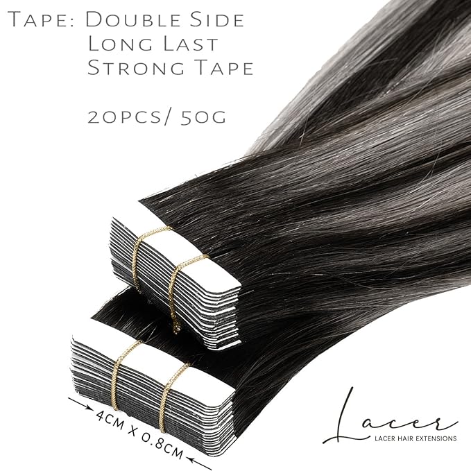 Lacer Grey Tape in Hair Extensions Human Hair Highlight Natural Black to Silver Color Balayage Grey Hair Extensions Tape in 16 Inch 20pcs/50g