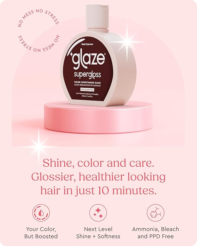 Glaze Supergloss Color Conditioning Gloss With Dispensing Pump – Hydrating Semi-Permanent Color Hair Gloss & Shine Boost – For Natural Medium to Dark Brown Hair – 6.4 Fl Oz - Sleek Espresso