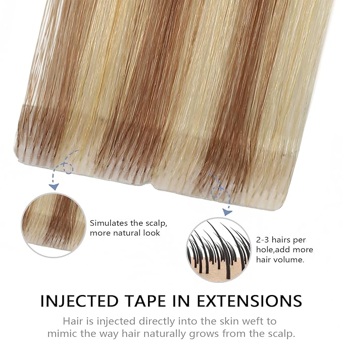 COOKAYU Invisible Tape in Hair, Gold Brown to Caramel Blonde 20pcs/pack 22Inch 50g Seamless Tape in Extensions Real Human Hair Injected Invisi Edge Extensions