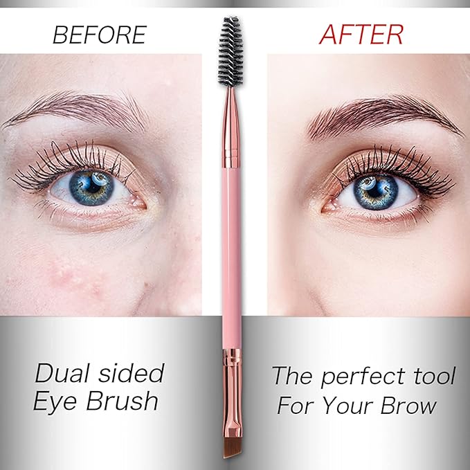 Duo Eyebrow Brush and Eyelash Comb Set - Professional Angled Brow Brush and Spoolie - Black and Pink
