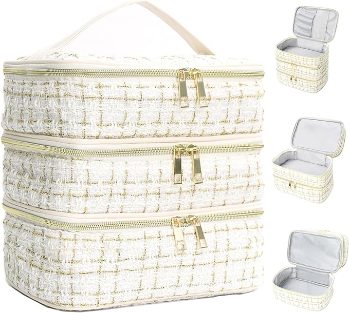 Travel Makeup Bag for Women Three Layer Large Cosmetic Case Water-resistant Toiletry Bag Organizer for Store Toiletries Cosmetic Accessories and Manicure Sets Gold White