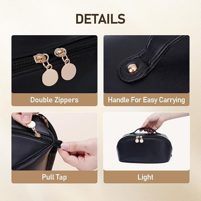 Large Capacity Cosmetic Bag for Women, Waterproof PU Leather Makeup Bag for Travel,Toiletry Bag Make up Organizer with Divider and Handle (Black)