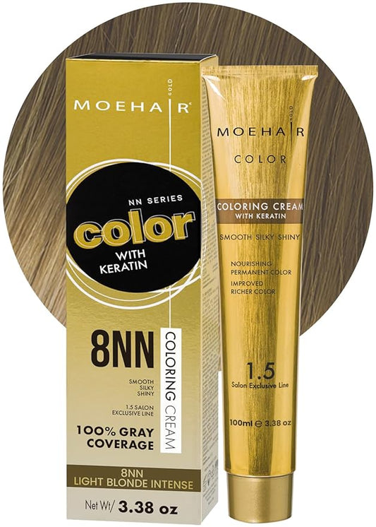 MOEHAIR 8NN Permanent Hair Color (Light Blonde Intense) | Hair Color for 100% Gray Coverage | Infused with Keratin | Adds Shines & Smoothens Hair | Non-Drippy | Double Pigmented (3.38 Fl. Oz)