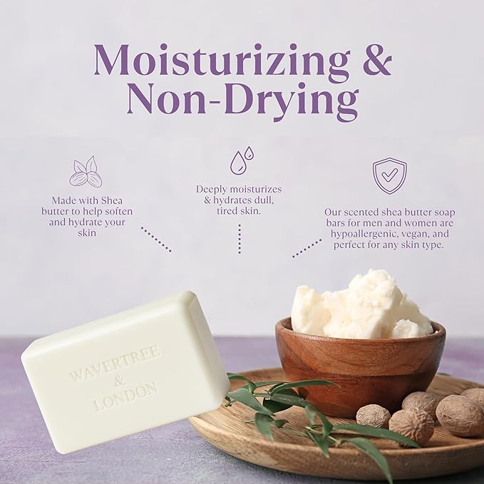 Wavertree & London Lavender Scented Natural Soap Bars (Pack of 2), 7oz Moisturizing French Triple Milled Soap Bars enriched with shea butter - Pure Plant Oil Bath & Body Bar for All Skin Types