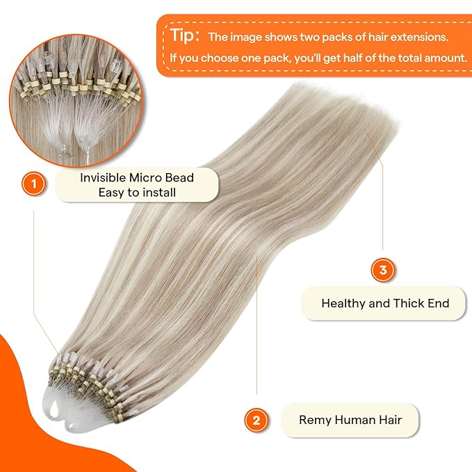 Full Shine Microloop Human Hair Extensions Ash Blonde Highlighted Bleach Blond Micro Beads Hair Extensions Human Hair 14 Inch Soft Natural Remy Hair 50 Grams