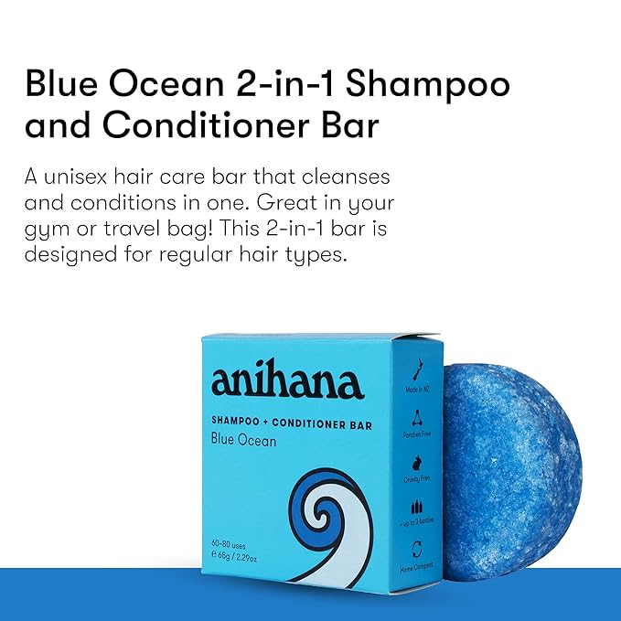 ANIHANA Shampoo and Conditioner Bar for Regular Normal Hair, Clean, Purifying, Natural, Healthy Look and Shine, Paraben Free, Blue Ocean, 2.29 oz