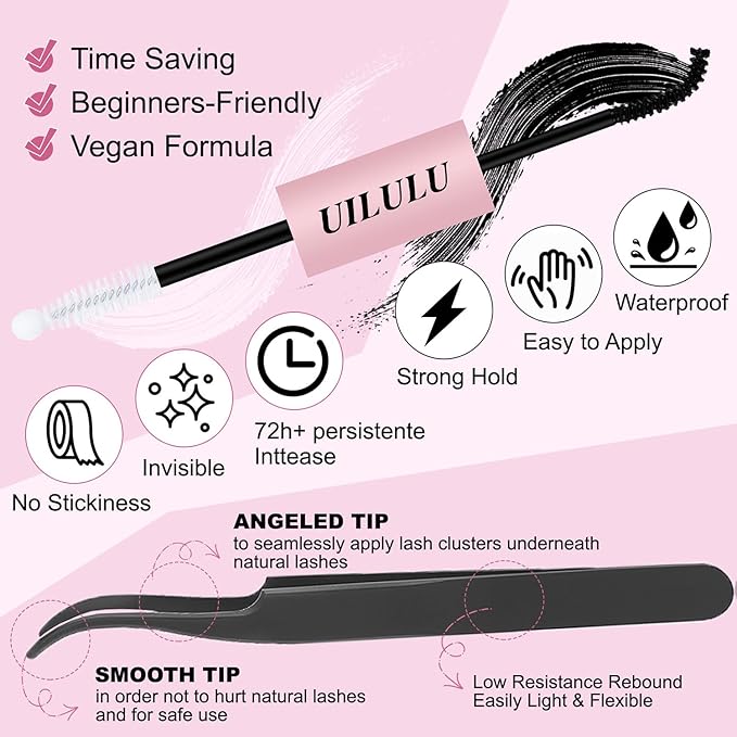 Lash Clusters Kit for DIY Lash Extension at Home, 40D False Eyelashes Set with Bond and Seal, Remover, Tweezers, D Curl Wispy Individual Clusters Eye Lash Extensions Kit (40D DIY Lash Kit)