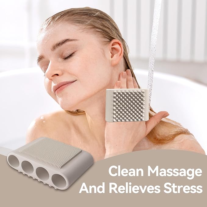 1PCS Silicone Body Scrubber Exfoliator- Bath Loofah & Sponges Alternative 4-Finger Non-Slip Grip Face & Scalp Scrubber for Sensitive Skin Body Brush for Men & Women (Light Grey)